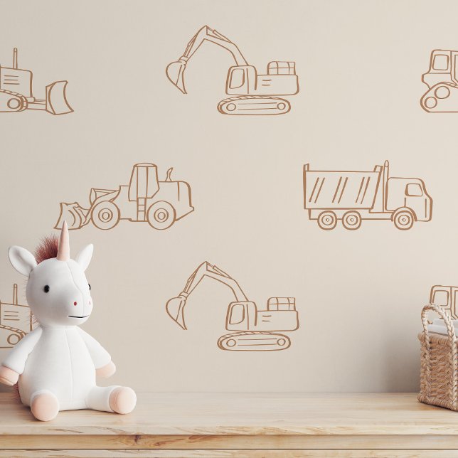 Papier Peint Construction Vehicles Builder Boy Truck Boho Beige (Créateur téléchargé)