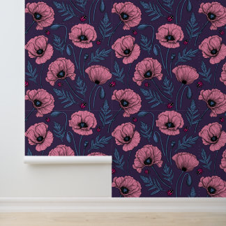 Papier Peint Coquelicots roses sur fond violet foncé