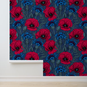 Papier Peint Coquelicots rouges et fleurs bleues sur bleu