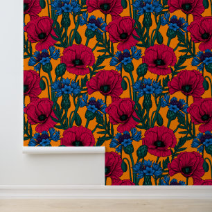 Papier Peint Coquelicots rouges et fleurs de maïs bleues sur or