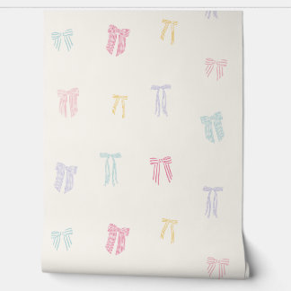 Papier Peint Coquette rayée Bows menthe jaune rose crème lilas