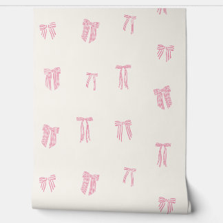 Papier Peint Coquette rayée Bows rose sur crème