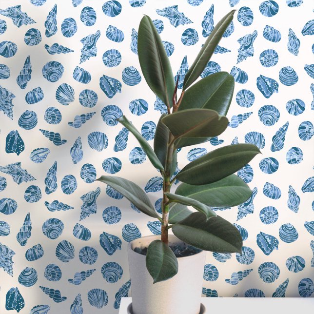 Papier Peint Coquillage Marin Bleu et Blanc Côtiers (Sea shell watercolor pattern coastal nautical aesthetic wallpaper)