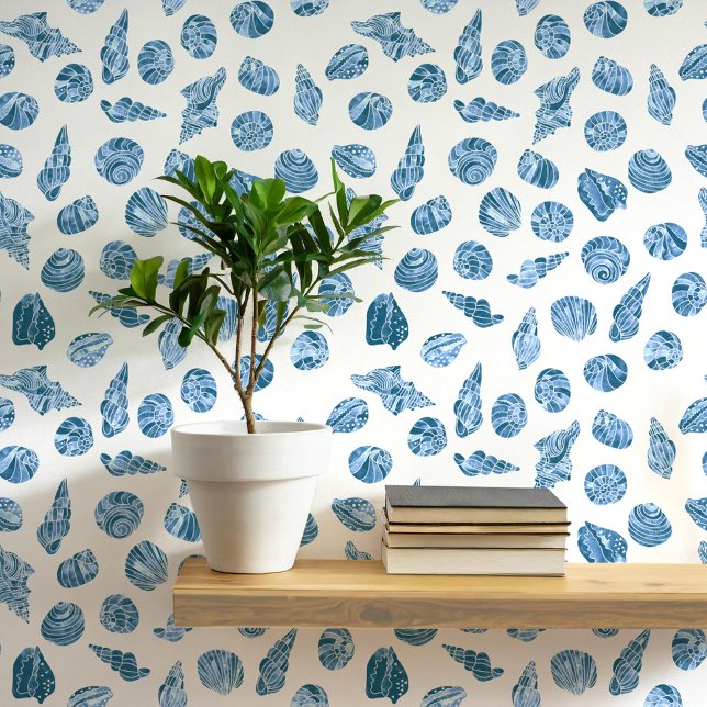 Papier Peint Coquillage Marin Bleu et Blanc Côtiers (Sea shell watercolor pattern coastal nautical aesthetic wallpaper)