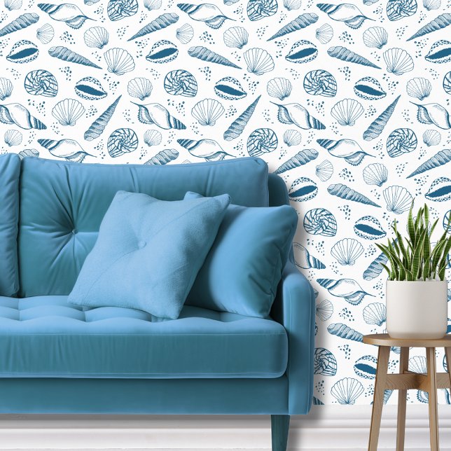 Papier Peint Coquillage océan plage bleu blanc (Blue and white coastal beach vibe, seashell wallpaper.)