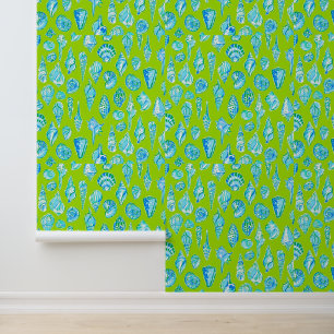 Papier Peint Coquillages de mer sur fond vert citron / Style pr
