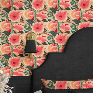 Papier Peint Corail Vintage et Floral sur Beige