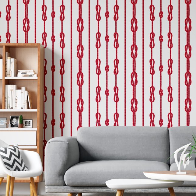 Papier Peint Corde rouge chic côtier et noeuds marins imprimé (Coastal chic Red rope and sailor's knots print Wallpaper)
