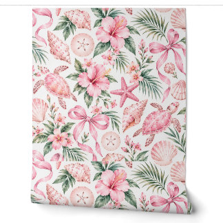 Papier peint côtier Tortue de mer tropicale rose