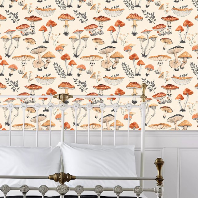 Papier Peint Cottagecore Aquarelle Fungi (Cottagecore Watercolor Fungi Wallpaper behind a white metal bed frame. )