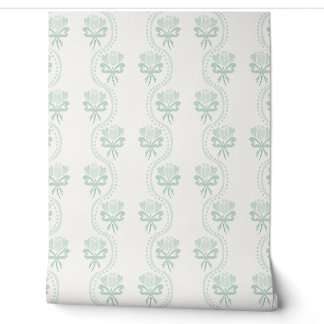 Papier Peint Cottagecore Fleurs À Rayures - Vert Pastel