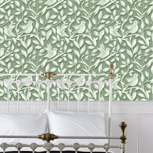 Papier Peint Cottagecore Green Papercut Oiseaux