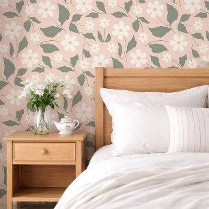 Papier Peint Cottagecore Rose et Blanc Fleur de Marguerite Bota