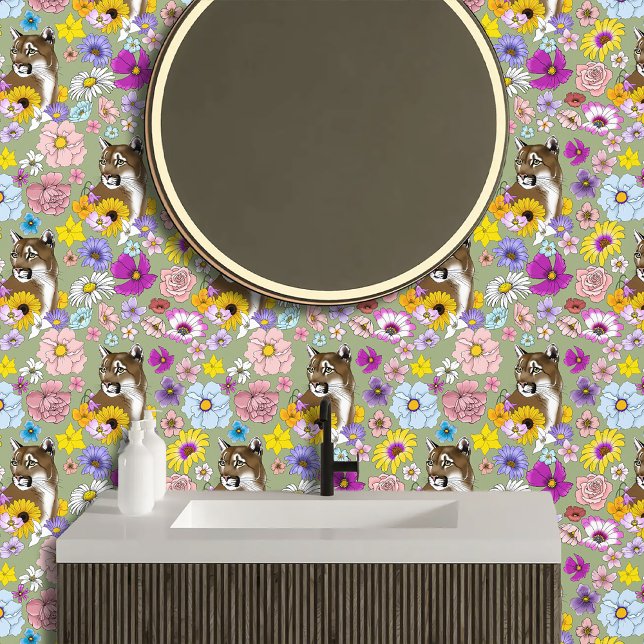 Papier Peint Cougar Mountain Lion Puma Fleurs (Créateur téléchargé)