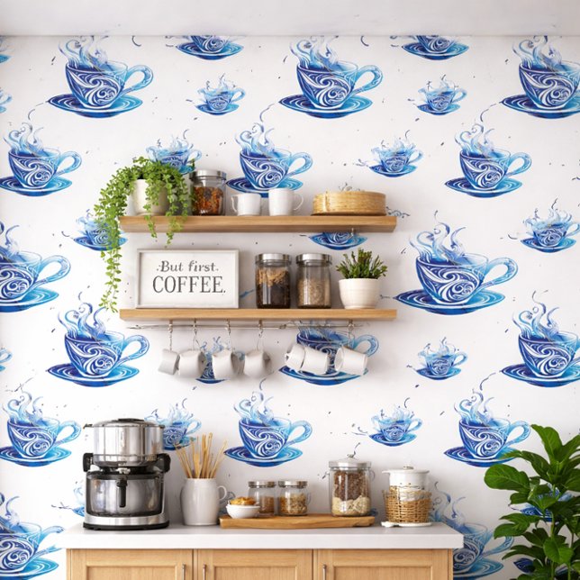 Papier Peint Coupe Artistique de Café Bleu avec Motifs de tourb (Créateur téléchargé)