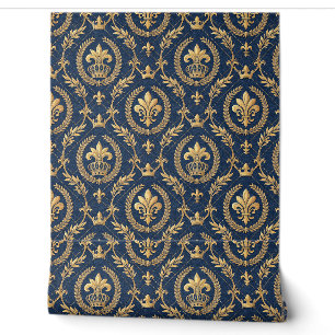 Papier Peint Couronne d'or Royale Bleu Velours Luxe Motif Damas