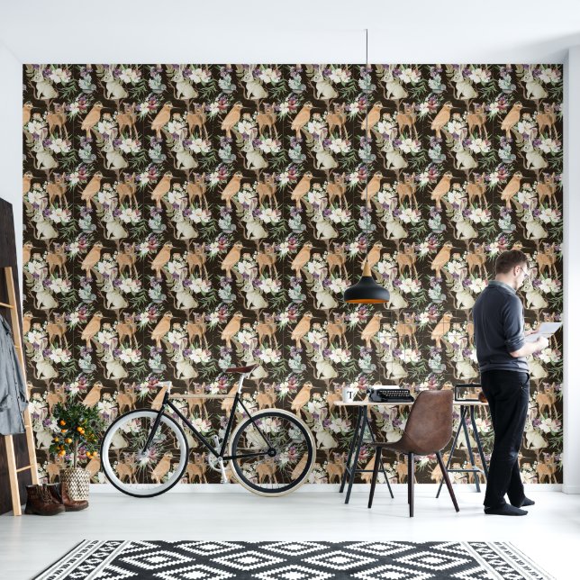 Papier Peint Couverture murale de cerfs de lapin d'oiseaux noir (Salon)