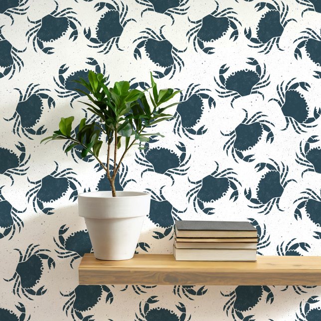 Papier Peint Crabe Indigo Motif côtier bleu et blanc (Indigo blue and white Lino block print style crab crustacean peel and stick wallpaper)