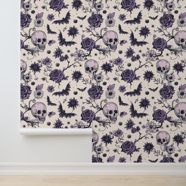 Papier Peint Crâne gothique Chauve à tête florale (Application)