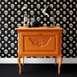 Papier Peint Crâne noir et fleurs Halloween 