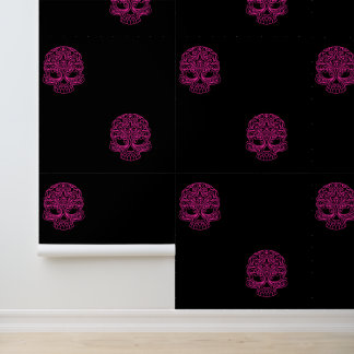 Papier Peint Crânes de sucre rose chaud sur noir solide