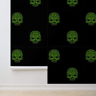 Papier Peint Crânes de sucre vert brillant sur le noir