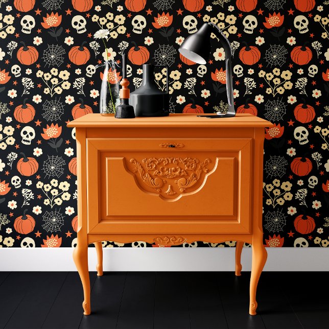 Papier Peint Crânes et citrouilles Boho Halloween noirs (Créateur téléchargé)