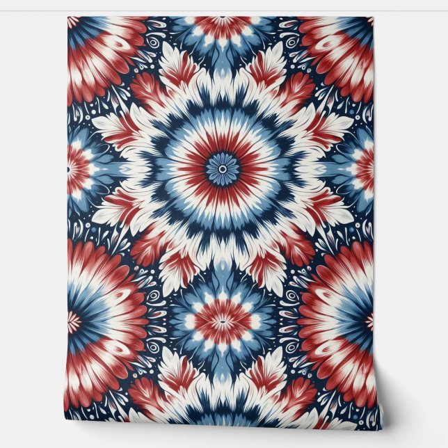Papier Peint Cravate Tie-dye Rouge, Blanc & Bleu (Déroulement)