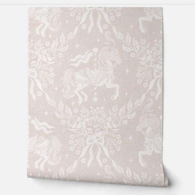 Papier Peint Creamy Beige Rococo Carousel Horses & Florals (Déroulement)