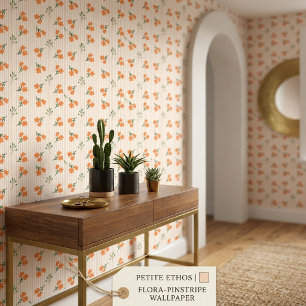 Papier peint crème à rayures fines et fleurs orang