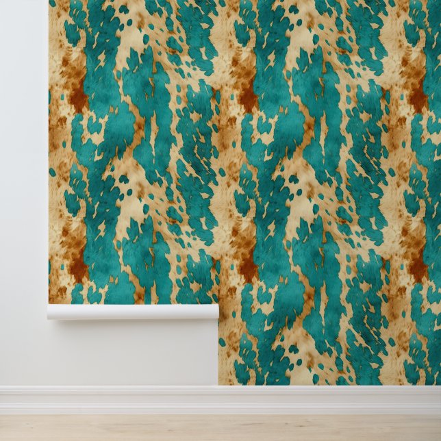 Papier Peint Crème Brown Cowhide Turquoise (Application)