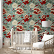 Crème Vibrante, Rouge, Floral Vintage Bleu Sarcell