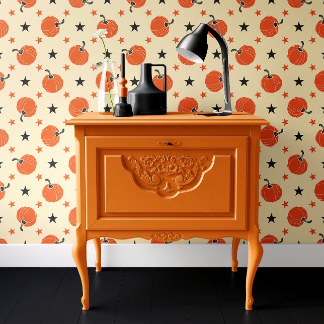Papier Peint Crème Whimsical & Etoiles Citrouilles Orange Hallo (Créateur téléchargé)