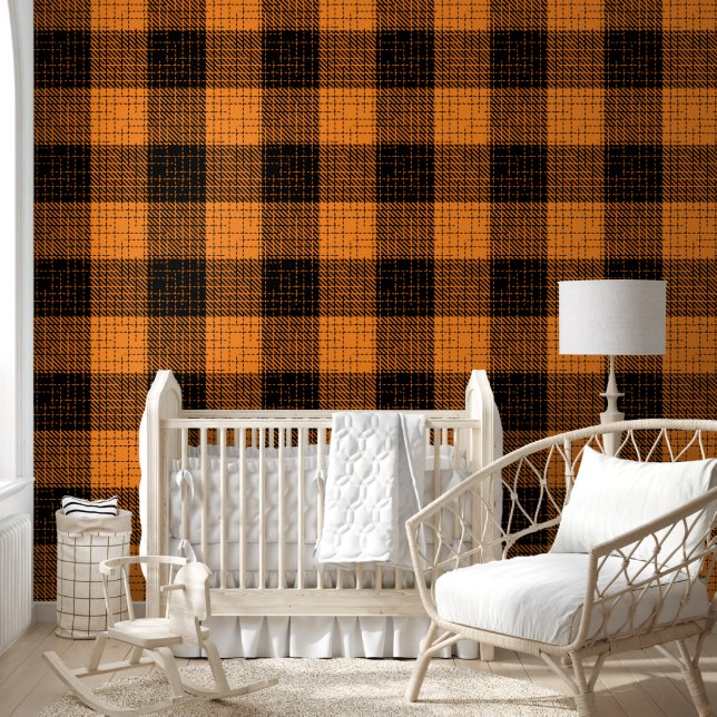Papier Peint Croisillon à carreaux orange noir Buffle (Enfants)