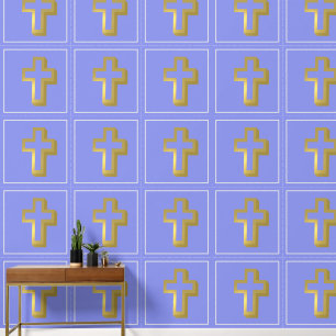 Papier Peint Croix d'or Lit Motif chrétien, Bleu lavande