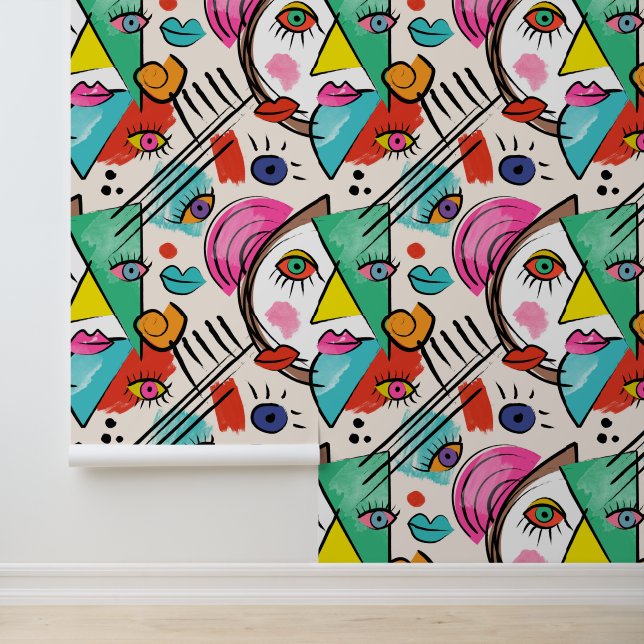 Papier Peint Cubisme moderne Artsy Abstrait Femme Visages Art (Application)
