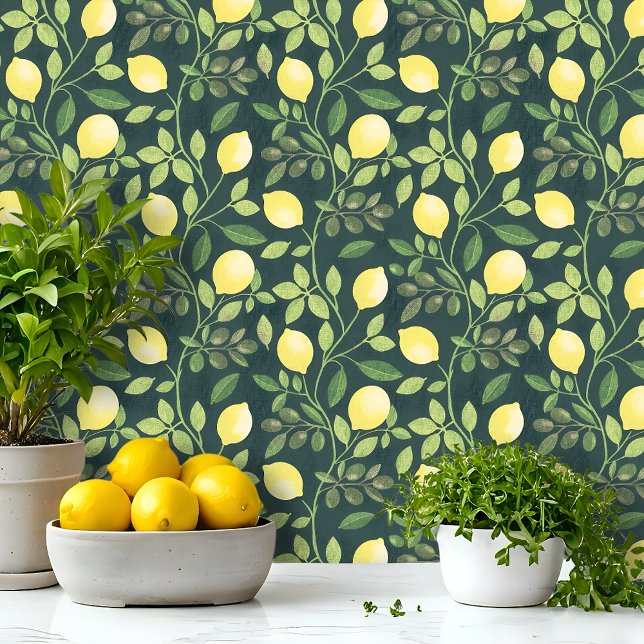Papier Peint Cuisine botanique de la branche de citron (Botanical design with yellow lemons and green branches, perfect for kitchens and Mediterranean style)