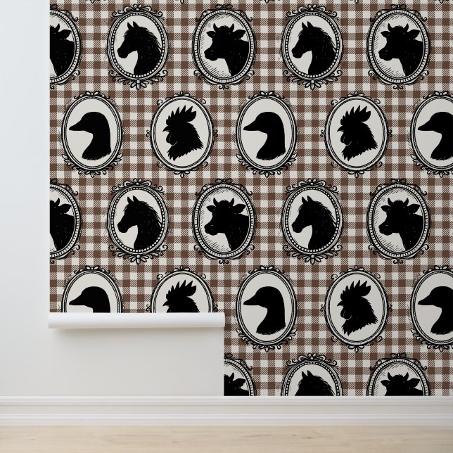 Papier Peint Cuisine de ferme rustique Barnyard Gingham Noir &  (Application)