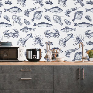 Papier Peint Cuisine Motif Fruits de Mer Bleu Mari