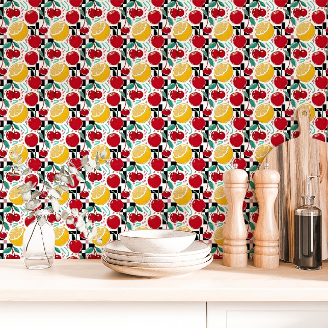 Papier Peint Cuisine Rétro à Damier de Fruits (Créateur téléchargé)