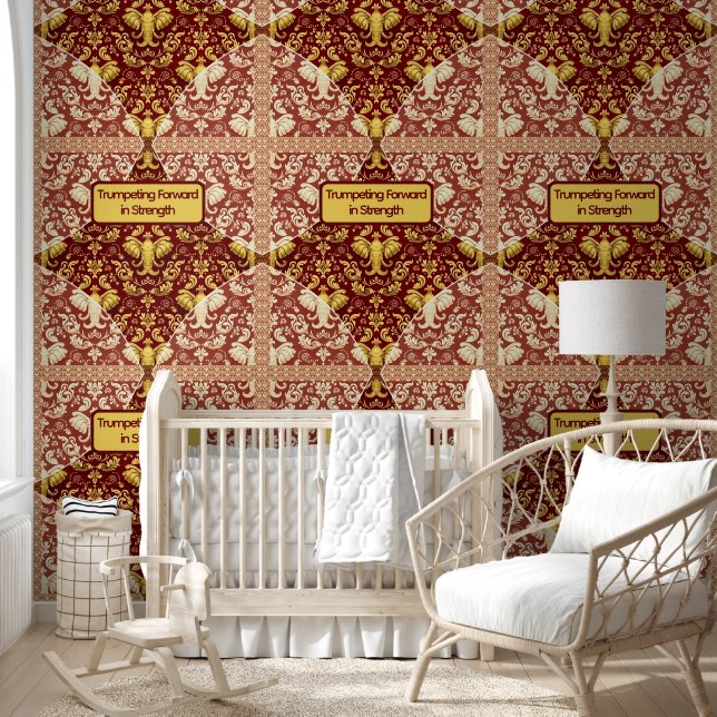 Papier Peint Custom Crimson Red & Gold Elephant Wall Covering (Enfants)