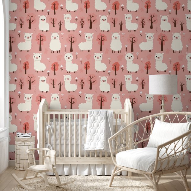 Papier Peint Cute Alpaca Arbre Floral Blanc Rose Nursery (Enfants)