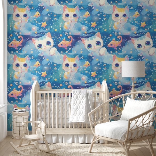 Papier Peint Cute Anime Chat Poisson Étoiles Motif (Enfants)