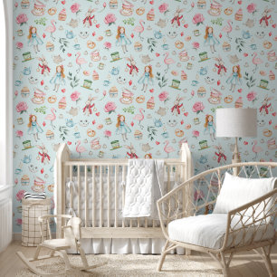 Papier Peint Cute aquarelle Alice en Wonderland Aqua Nursery