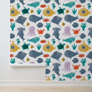 Papier Peint Cute Aquarelle Océan Animaux Motif