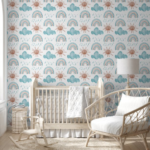 Papier Peint Cute Arc-en-ciel Soleil Nuage Beige Bleu Nursery