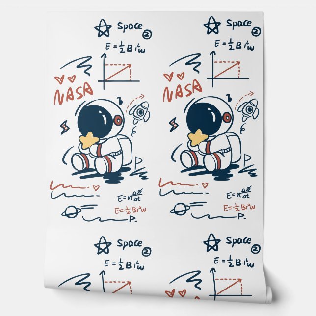 Papier Peint  Cute Astronaut Space Cartoon Kids Room Wallpaper (Déroulement)