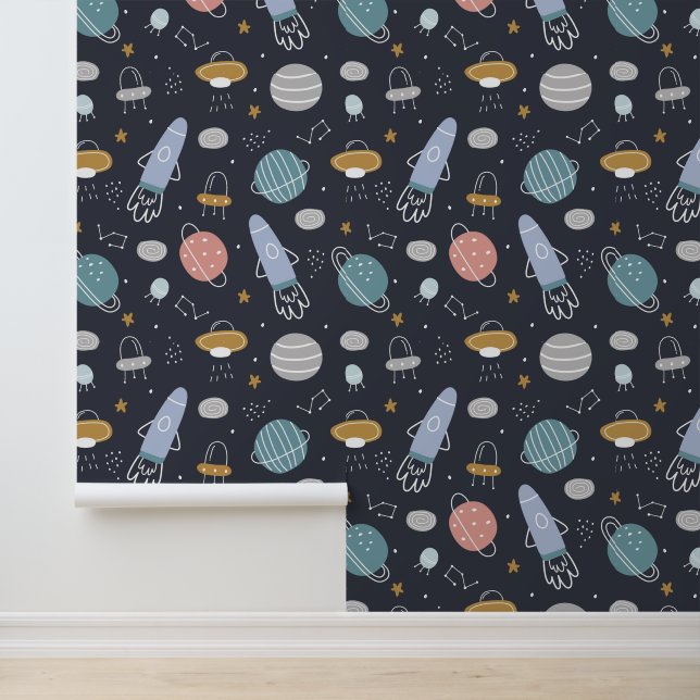 Papier Peint Cute Boys Motif Rocket et Cosmos Motif (Application)