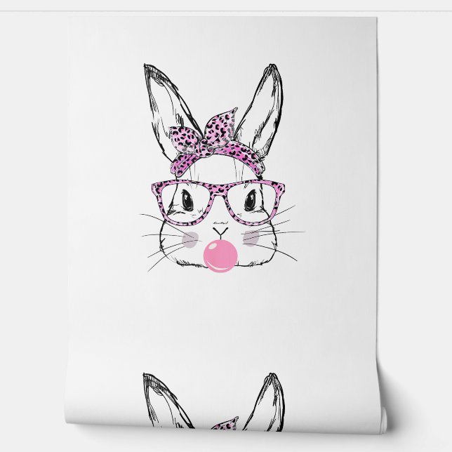 Papier Peint Cute Bunny Face Pink Léopard Lunettes Bubblegum Ea (Déroulement)