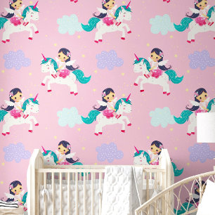 Papier Peint Cute Cartoon Flying Unicorn Rose Nurserroom